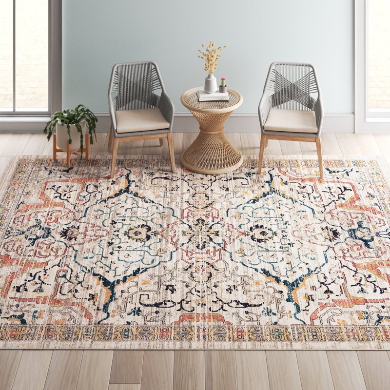 Tapis à motif floral ivoire / bleu marine / jaune / orange Alkire, Rectangle 7 pi 10 po x 10 pi 2 po