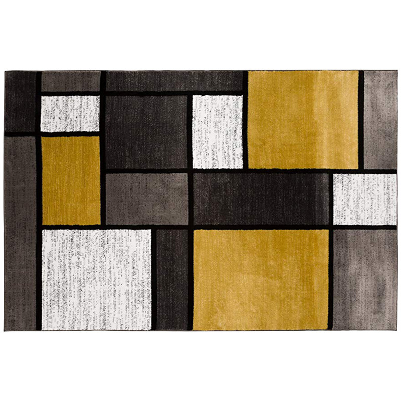 Tapis géométrique bouclé / jaune / blanc / noir Okanagan, Rectangle 2 pi 8 po x 4 pi