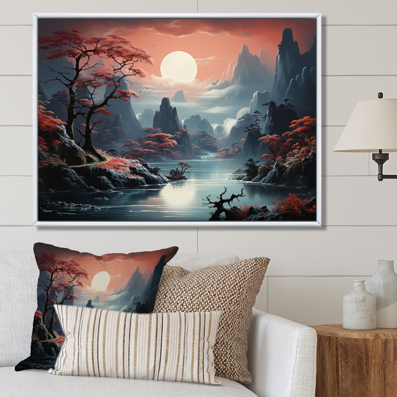 «China Mountain and River Landscape Bliss I», art mural Chine, Cadre flottant brun, H 12 po x l 20 po x P 1 po