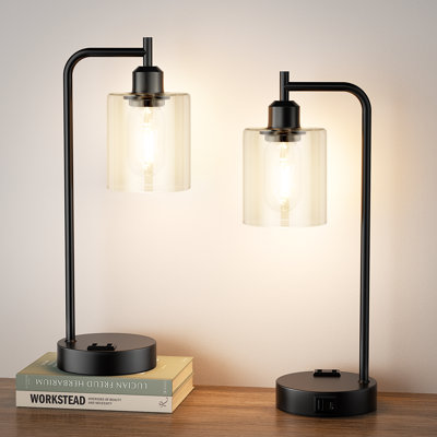 16.5'' Industrial Glass Table Lamp Set with Touch Control, AC Outlet and USB A&C