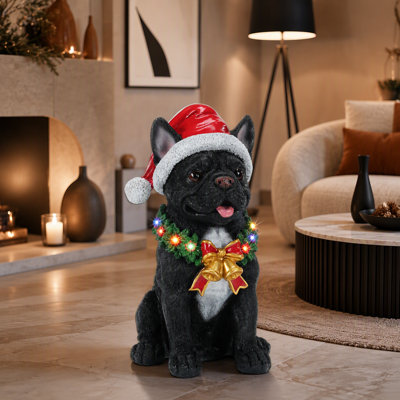 Figurine de bouledogue français illuminé avec chapeau de père Noël et couronne à DEL