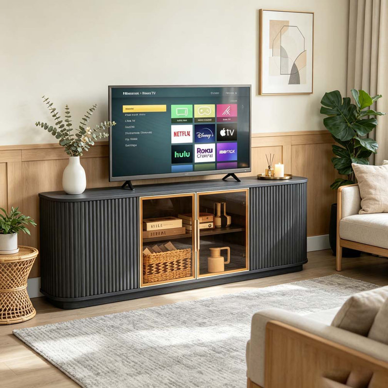 64-Inch Sideboard, Wooden Vertical Stripe Storage Cabinet