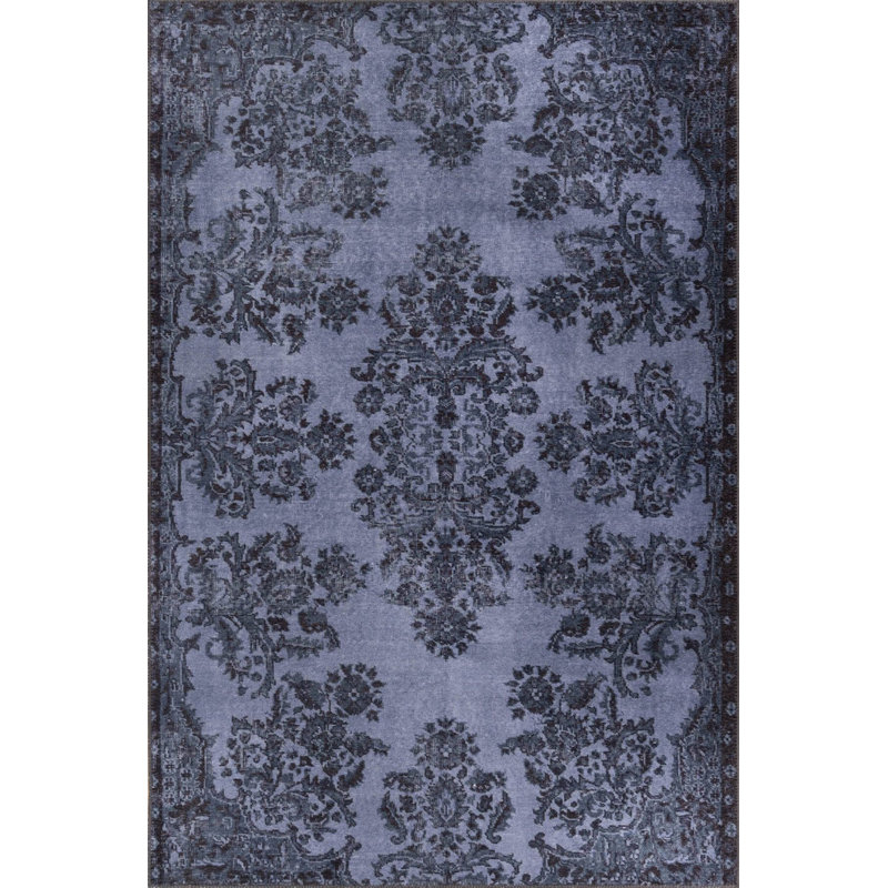 Navy Blue Vintage Look Woven Base Decorative Carpet, Runner 2'6" x 7'7"