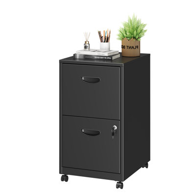 2 Drawer Rolling File Cabinet on Wheels, Black Mobile Two Drawer Filing Cabinet with Lock, Small Files Cabinets for Under Desk, Metal Filing Cabinets for Letter Size Folders