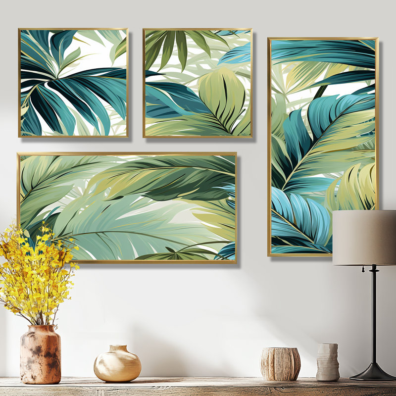 Palmier, motif tropical - art mural vert, 4 pièces, Impression encadrée sans passe-partout, Doré
