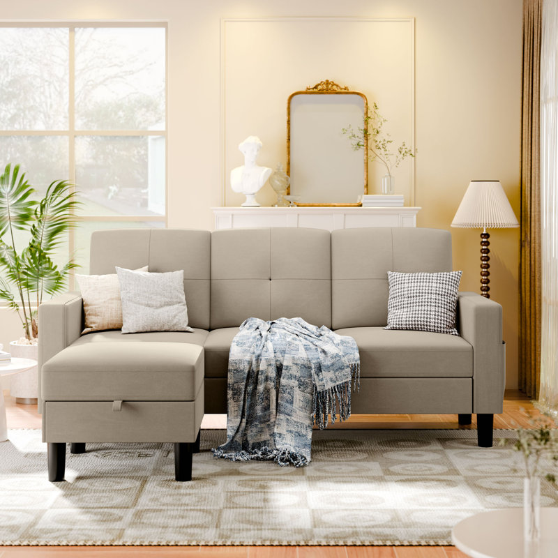 Azura 76.4“ Sofa Couch with Ottoman, Light Brown Cotton Blend