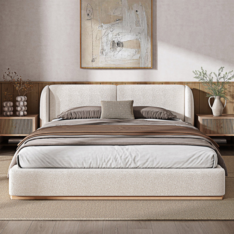 Upholstered Bed Frame With Wingback Headboard, Queen