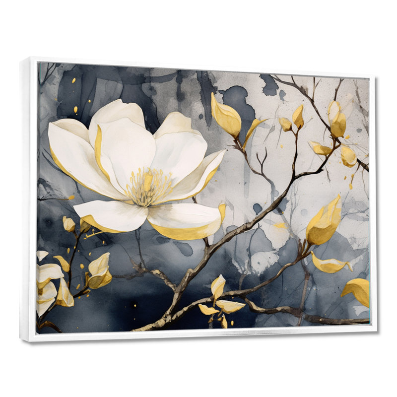 Jaune jaune, gris, magnolia, nature, élégance III - art mural sur toile florale, H 24 po x l 32 po x P 1 po