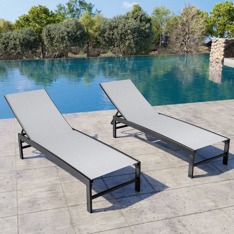 Patio Metal Reclining Chaise Lounge Set, Light Gray