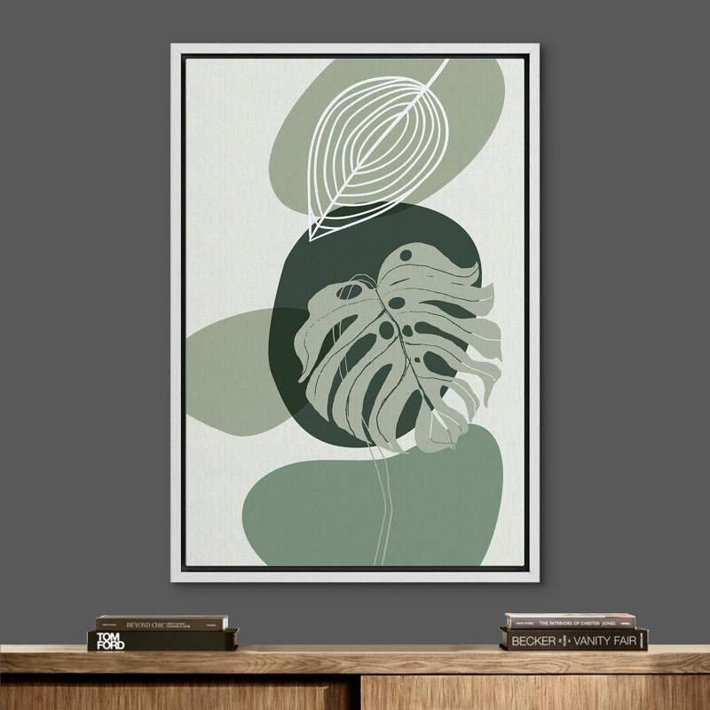 Signe, reproduction d'art sur toile encadrée, feuille de Monstera vert avec cercles oblongs, plantes florales, art numérique, art moderne, tropical, coloré, frais pour le salon, la chambre à coucher, le bureau - 24 po x 36 po - blanc