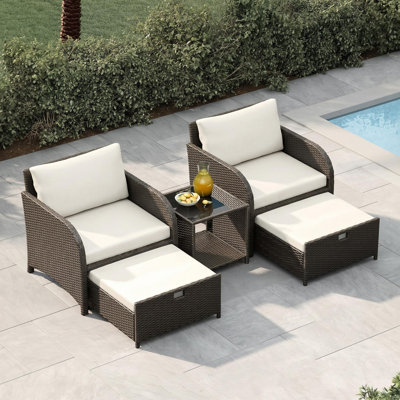 Ensemble de canapé modulaire d'extérieur 5 pièces en rotin 5 pièces avec 2 repose-pieds rembourrés en verre trempé, ensemble de conversation en osier toutes saisons pour terrasse de jardin, beige