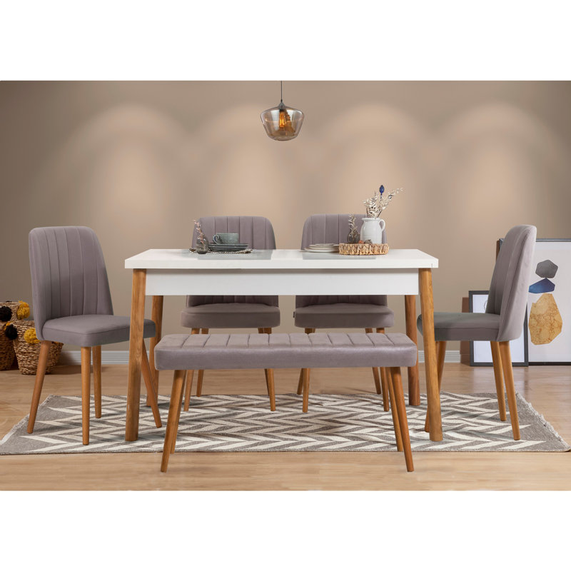 Ensemble de table et chaises de salle à manger élégant 6 pièces, pin atlantique | 100% panneau de particules enduit de mélamine, table: 47,2 po x 30,3 po x 29,5 po | Chaises (4): 18,5 po x 35,4 po, hauteur du siège: 19,3 po | Structure en métal, 10