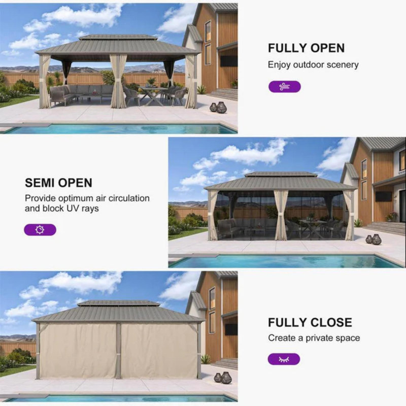 PURPLE LEAF 12' X 20' Deck Gazebo Champagne Hardtop Metal Frame Double Roof with Curtains and Netting with Light