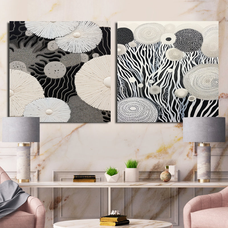 «Corals River» noir et blanc abstrait - ensemble de 2 collages carrés abstraits, Toile tendue, H 16 po x l 33 po