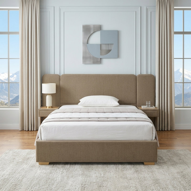 Grand lit plateforme tapissier avec tables de chevet flottantes et 2 tiroirs de rangement, grand, brun, Brown, Grand lit