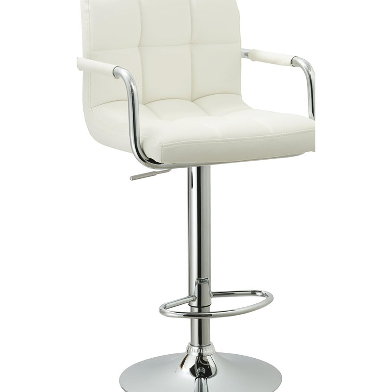 Adjustable Swivel Bar Stool With White Metal Framework, Grey Cushioned Seat Grid-Pattern Embellishment Style, Hydraulic Lift For Height Variation Scope, 360 Mobility Range, Ergonomic Configuration