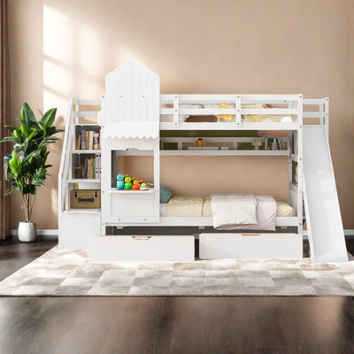 Sturdy White Twin Bunk Bed, Solid Wood With Storage And Fun Slide
