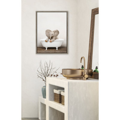 Baby Elephant No 6 in Rustic Bath by Amy Peterson Framed Canvas Wall Art Print