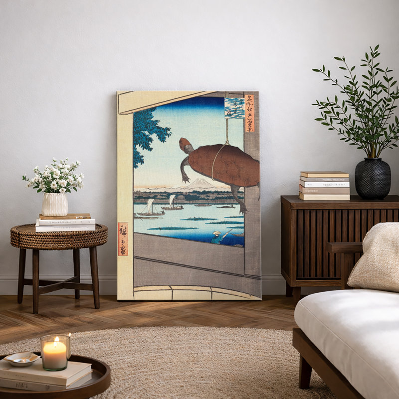 Tortue surplombant la rivière et le mont Fuji, paysage japonais, images Ukiyo-e, H 48 po x l 32 po x P 1,5 po, Toile tendue
