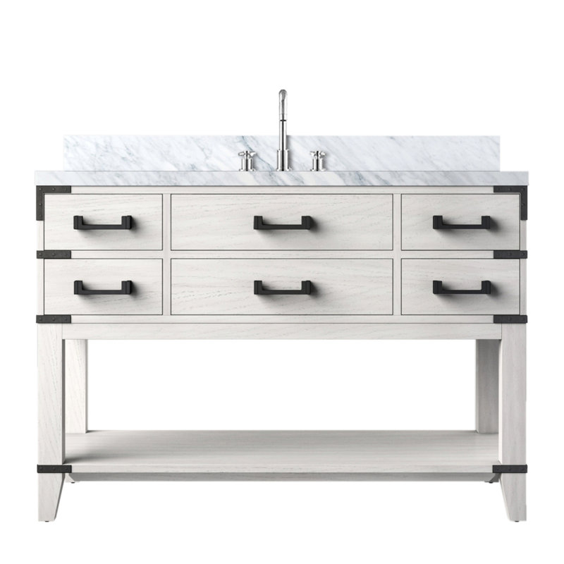 Meuble-lavabo simple en chêne blanc, 48 po Large, comptoir en marbre, scellé pour une utilisation durable, cinq tiroirs, robinet de salle de bain en chêne avec une durabilité supérieure, configuration de tiroir à fermeture en douceur et