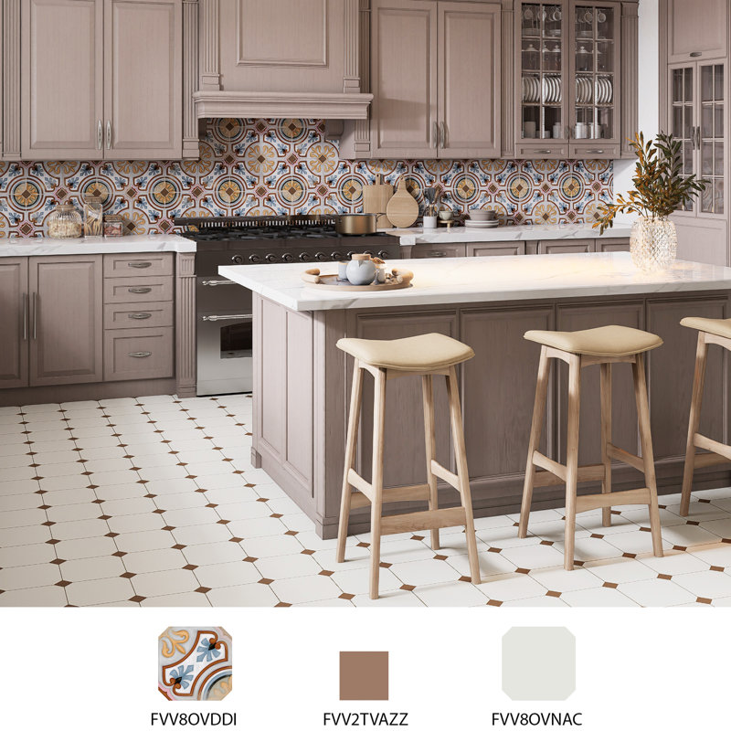 Vaudeville Octagon Deco Diglas W/Taco 7-7/8 In. X 7-7/8 In. Porcelain Floor And Wall Tile, Yellow/Blue/Brown