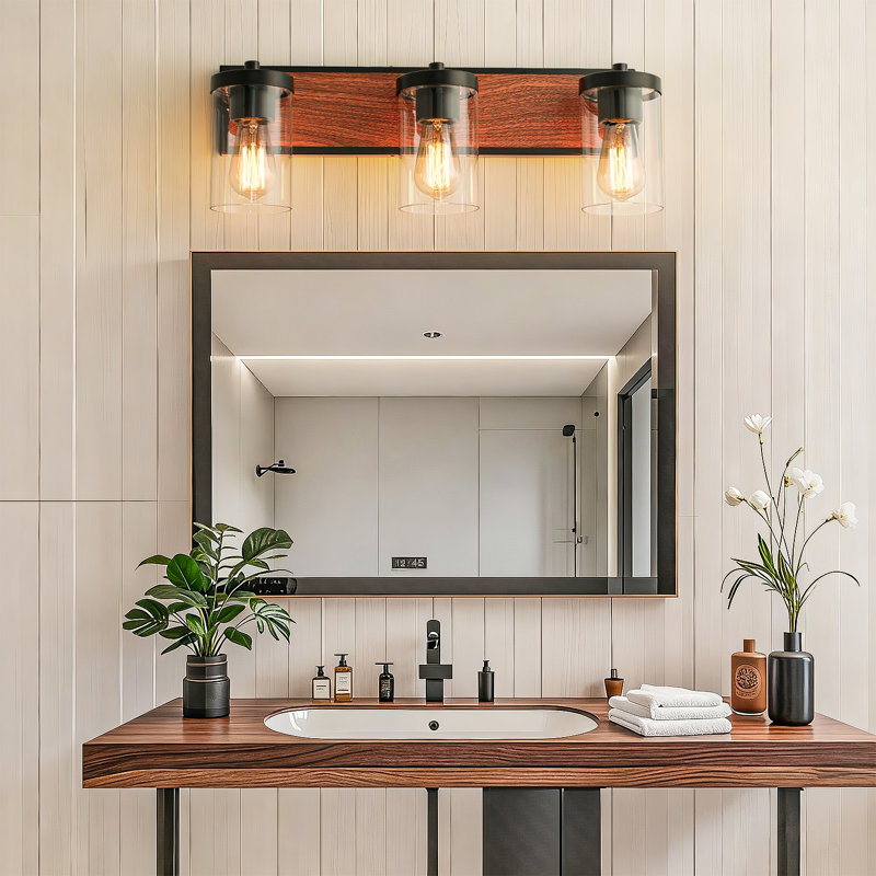 Cleofas 3-Light Bathroom Vanity Light Fixture with Clear Glass Shade, 3 Lights, Matte Black/Wood Grain