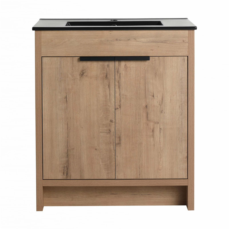 Meuble-lavabo autoportant avec lavabo en céramique, 30", Chêne, Noir