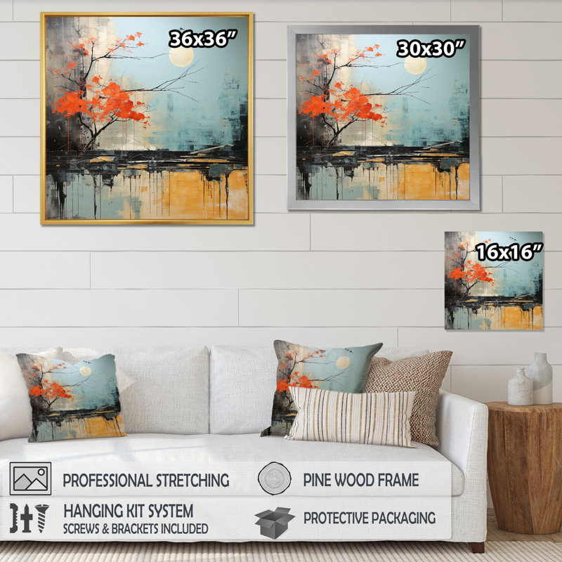 Grey Orange Asian Landscape II - Print, White Single Picture Framed, 16" H x 16" W x 1" D
