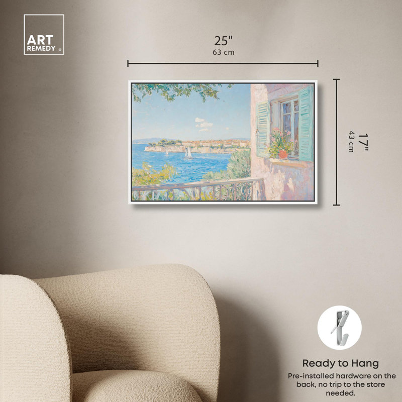 Toile vue méditerranée par Art Remedy, H 17 po x l 25 po, Cadre flottant, Blanc