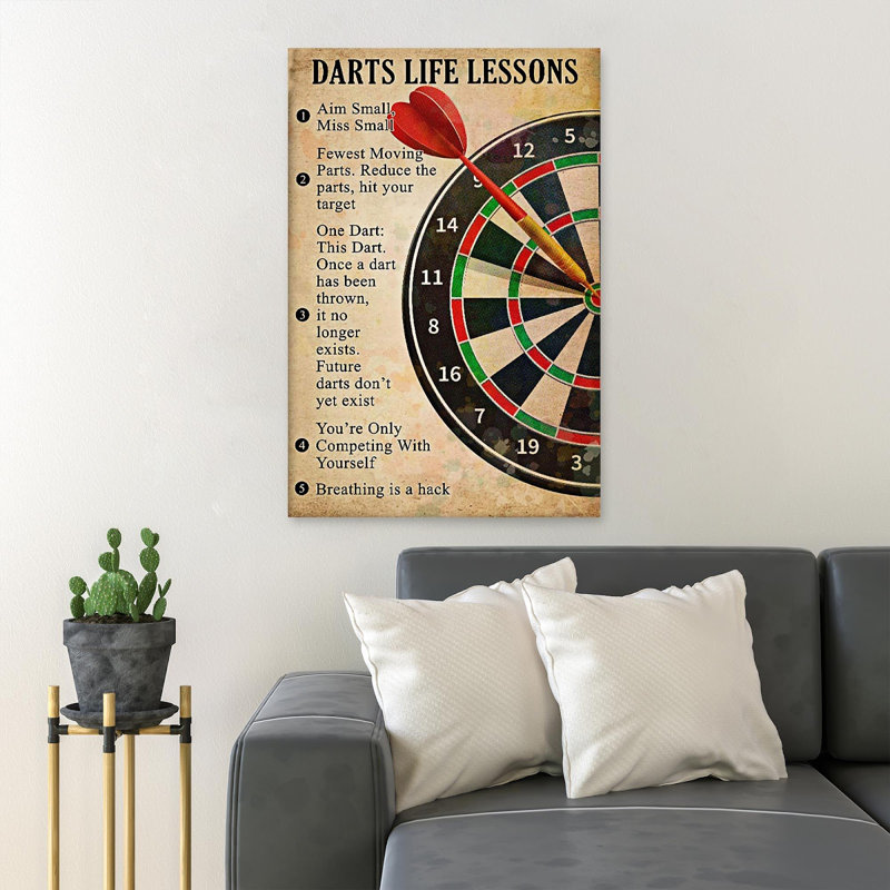 Darts Game - Darts Life Lessons - 1 pièce, reproduction d'art graphique sur toile tendue, H 14 po x l 11 po x P 2 po