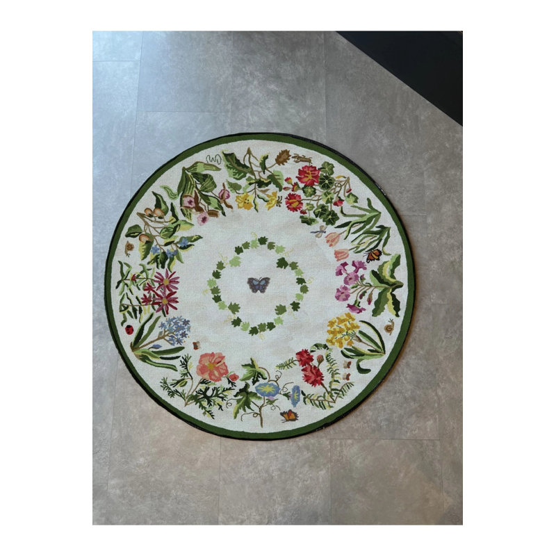 White Botanical Theme Woven Base Round Carpet Izmir, Round 3'4"