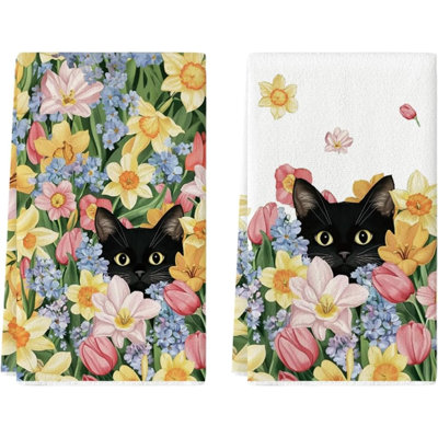 Tulip Wild Flowers Cat Spring Kitchen Towels Dish Towels Farmhouse Floral Decoration Hand Towels Set Of 2