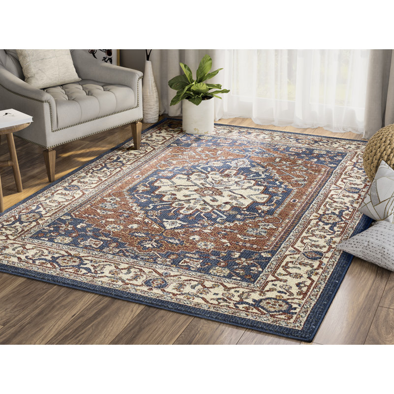 Tapis bleu / brun / crème tissé à la machine Moloney, Rectangle 5 pi 3 po x 7 pi 6 po