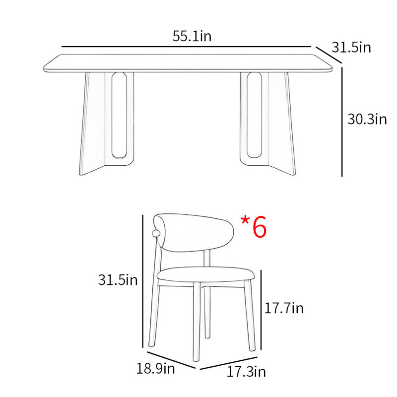Modern rectangular fashion dining table sets, 30.3"H x 55.1"L x 31.5"W