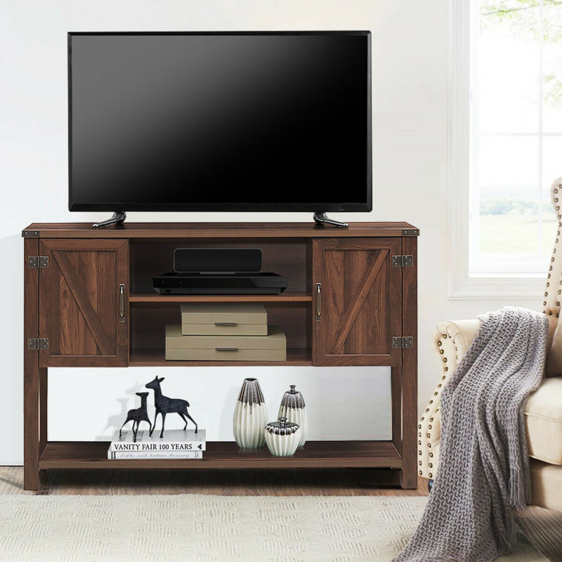 Brown Fir Wood Console Table with Cabinets and Shelves