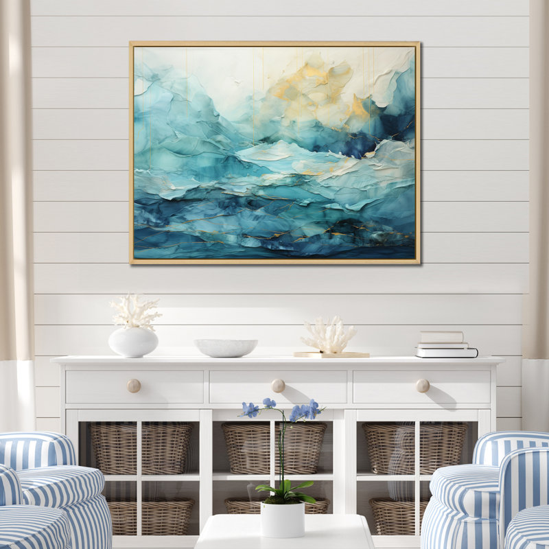 «Teal Yellow Ocean Serenade Pastoral III», reproduction sur toile, Cadre naturel flottant, H 34 po x l 44 po