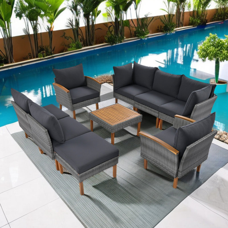 Wicker 7 - Person Modular Patio Conversation Sets with Cushions, Gray