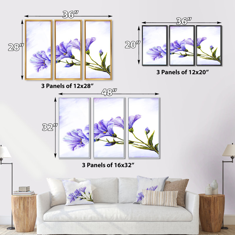 Fleurs bleues bleues - 3 pièces, peinture sur toile, Noir, H 28 po x l 36 po