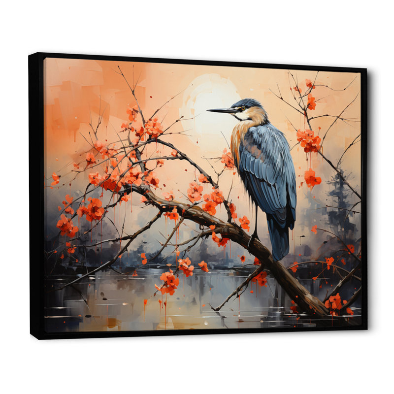 Coral Grey Heron Solitude Pointillism I - Animals Wall Art Prints, H 24 po x l 32 po x P 1 po, Cadre flottant noir