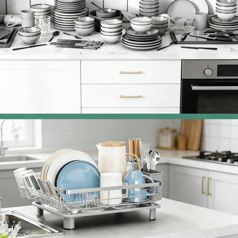 Égouttoir à vaisselle en acier inoxydable avec porte-ustensiles amovible, égouttoir et organisateur en verre - Égouttoir à vaisselle de comptoir de cuisine compact pour un drainage efficace