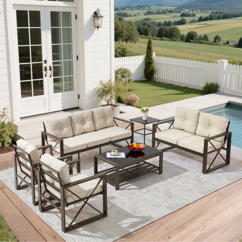 6 Pieces Metal Patio Furniture Set, Outdoor Seating Furniture With Loveseat Ideal For Indoor Porch Deck Bistro Lawn Garden Backyard Poolside