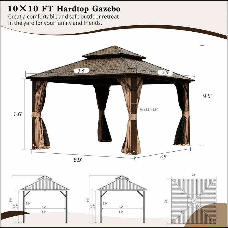 10' X 10' Hardtop Gazebo, Aluminum Metal Gazebo with Galvanized Steel Double Roof Canopy, Curtain and Netting, Permanent Gazebo Pavilion for Party, Wedding, Outdoor Dining