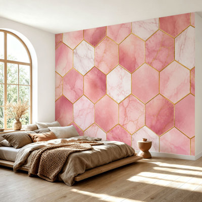 Papier peint auto-adhésif auto-adhésif amovible à carreaux dorés en marbre rose et blanc avec accents dorés et décoration murale pour salle de séjour H 69 po x l 96 po