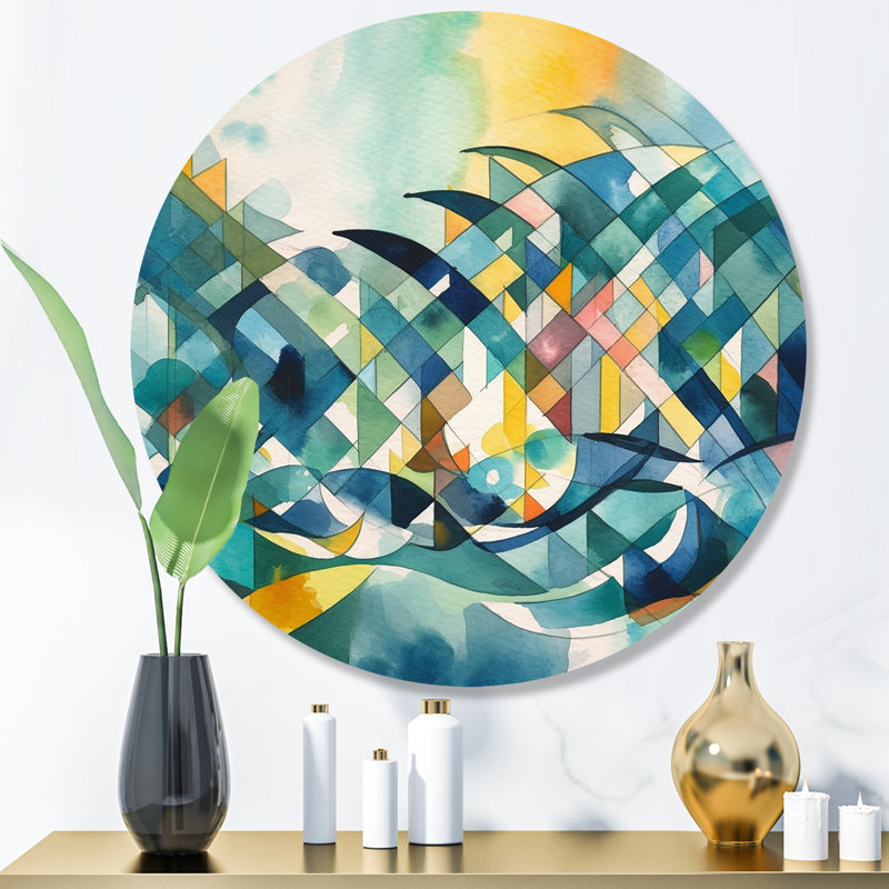 «Blue and orange», art mural rond abstrait géométrique sur métal, H 23 po x l 23 po x P 1 po