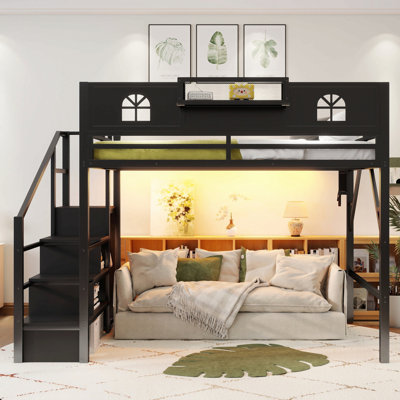 Queen Size Loft Bed With Stairs, Metal Queen Loft Bed With High And House Shaped Guardrails, High Loft Bed With Wardrobe For Kids Teens
