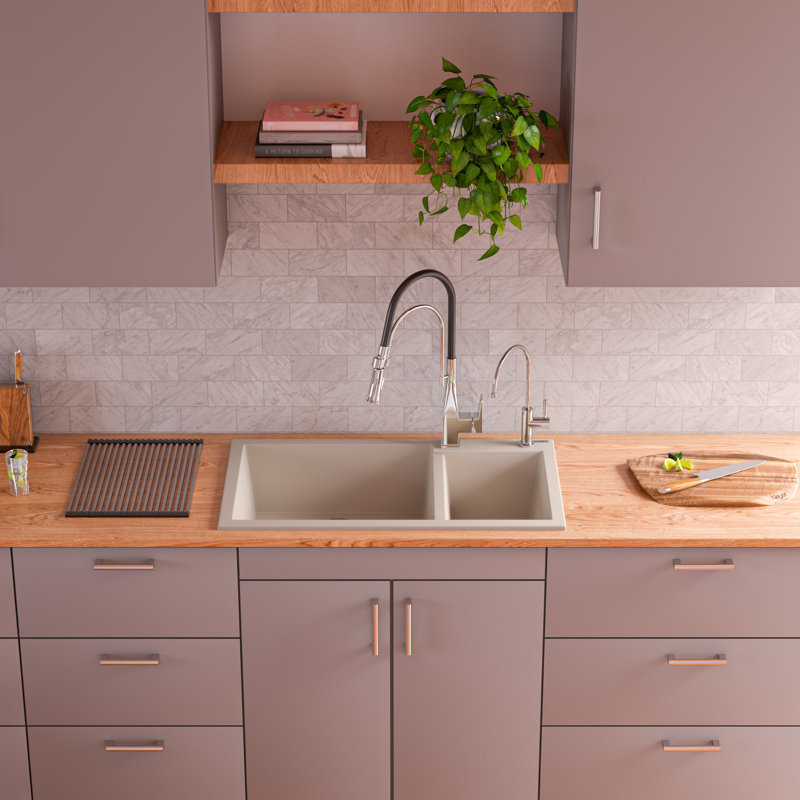 33.88'' L Double Bowl Granite Kitchen Sink, Biscuit