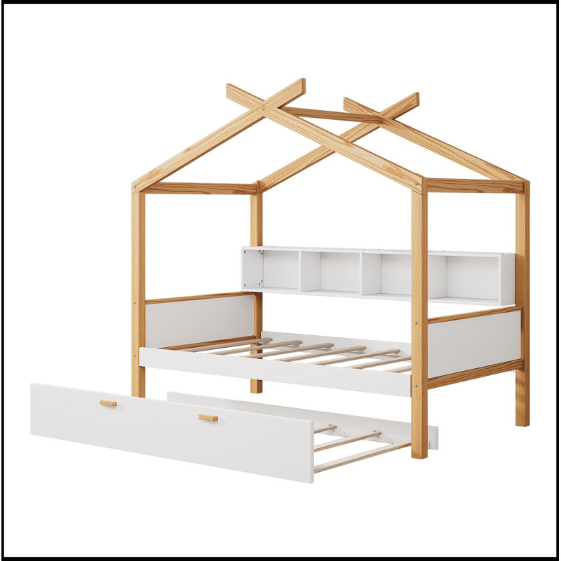 Lit simple en bois avec lit gigogne simple et bibliothèque, Lit simple