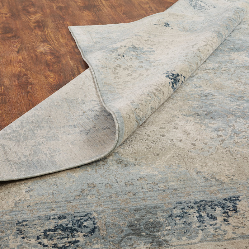 Tapis abstrait ivoire / bleu Tedesco, Tapis de couloir 2 pi 6 po x 8 pi