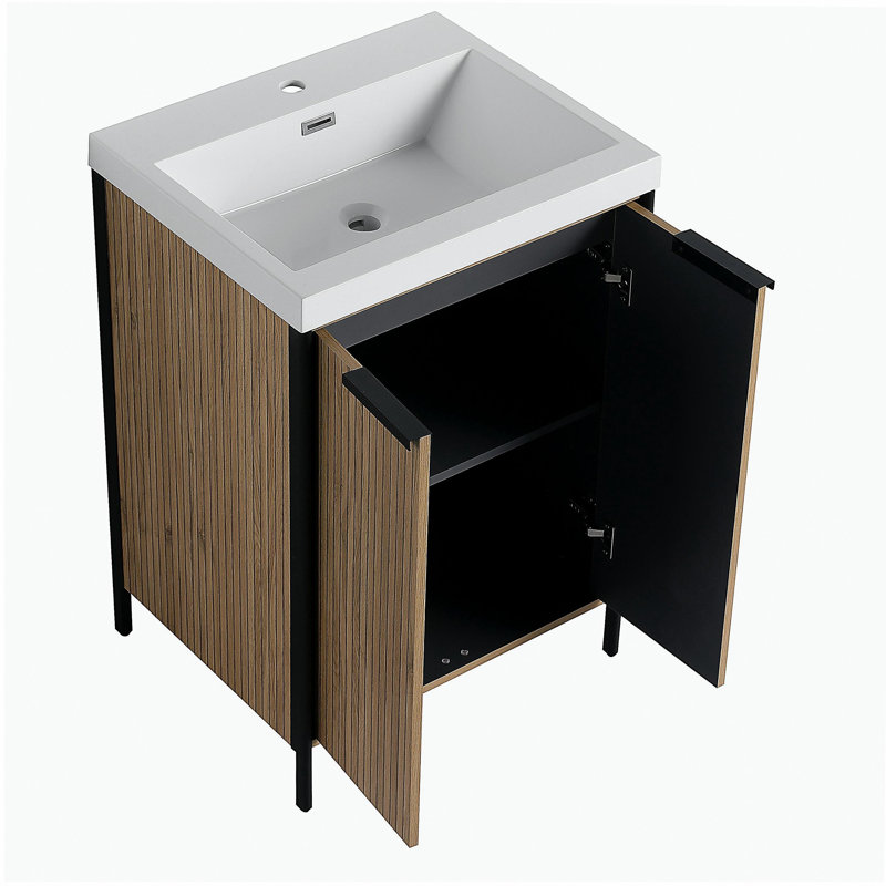 Meuble-lavabo indépendant de 24 pouces avec lavabo en résine et 2 portes d'armoire à fermeture automatique silencieuses