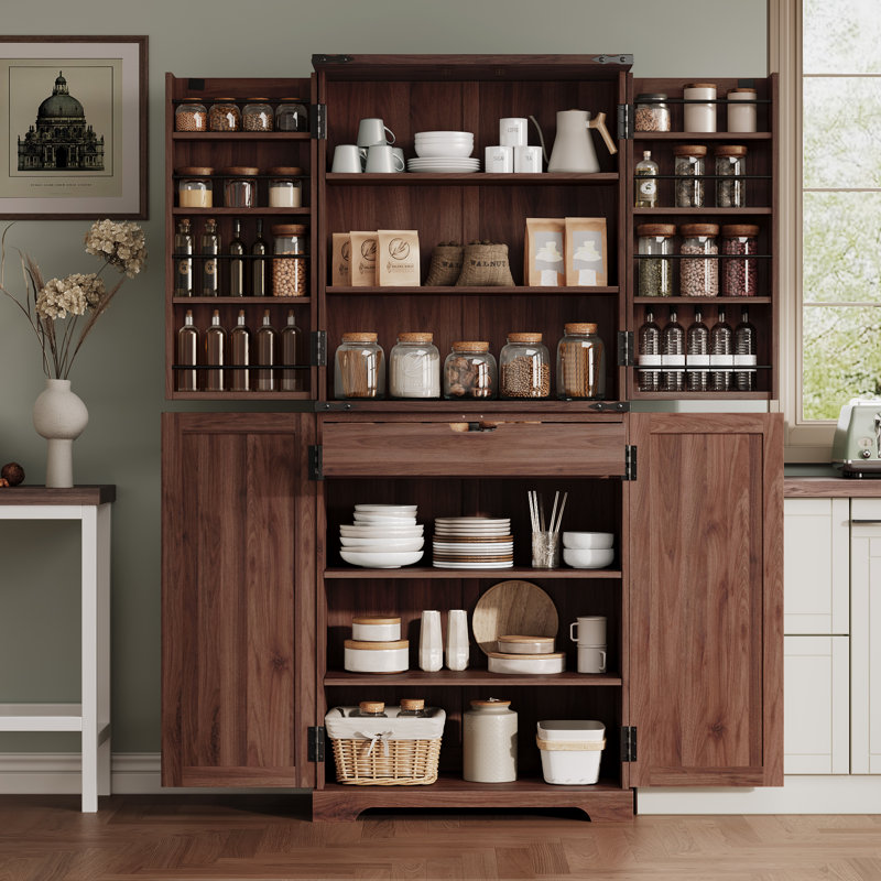 72" Farmhouse Kitchen Pantry Storage Cabinet With 12 Door Shelves, 6 Adjustable Shelves and 1 Hidden Drawer, Brown